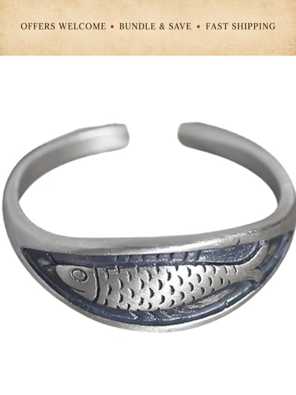 Vintage Fish Shaped Adjustable Stackable Open Ring Mixed Metal Electroplated